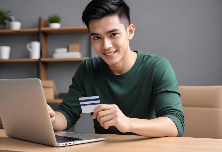 Young Man Engaged in Online Shopping Credit Card Payment on Laptop