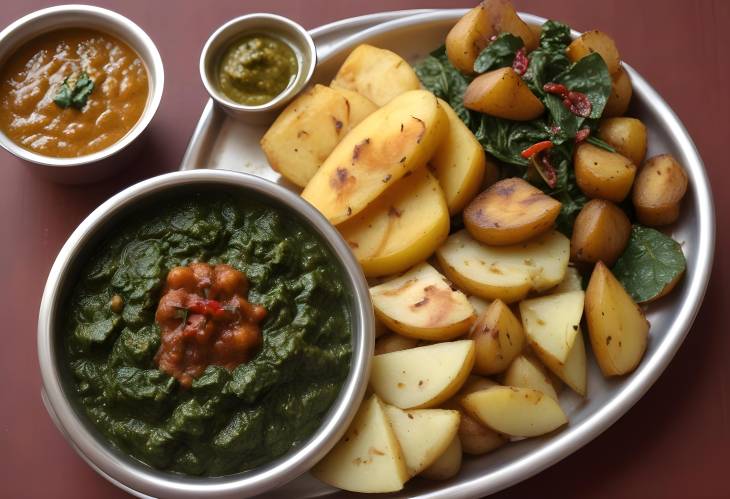 Zeera Aloo Palak Cumin Spiced Potatoes with Spinach and Tangy Garlic Chutney