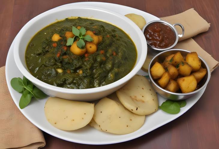 Zeera Aloo Palak with Garlic Chutney Cumin Spiced Potatoes and Spinach in Indian Style